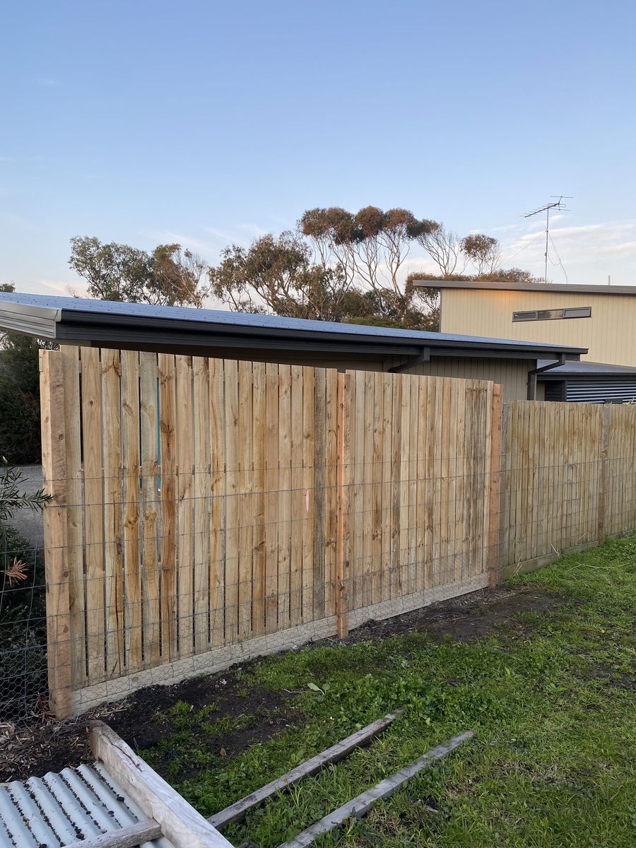 Gapped paling screen behind wire